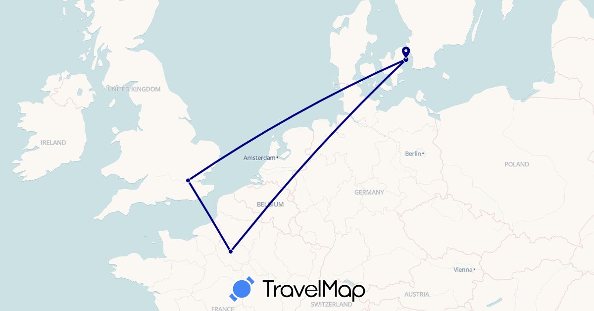 TravelMap itinerary: driving in Denmark, France, United Kingdom (Europe)